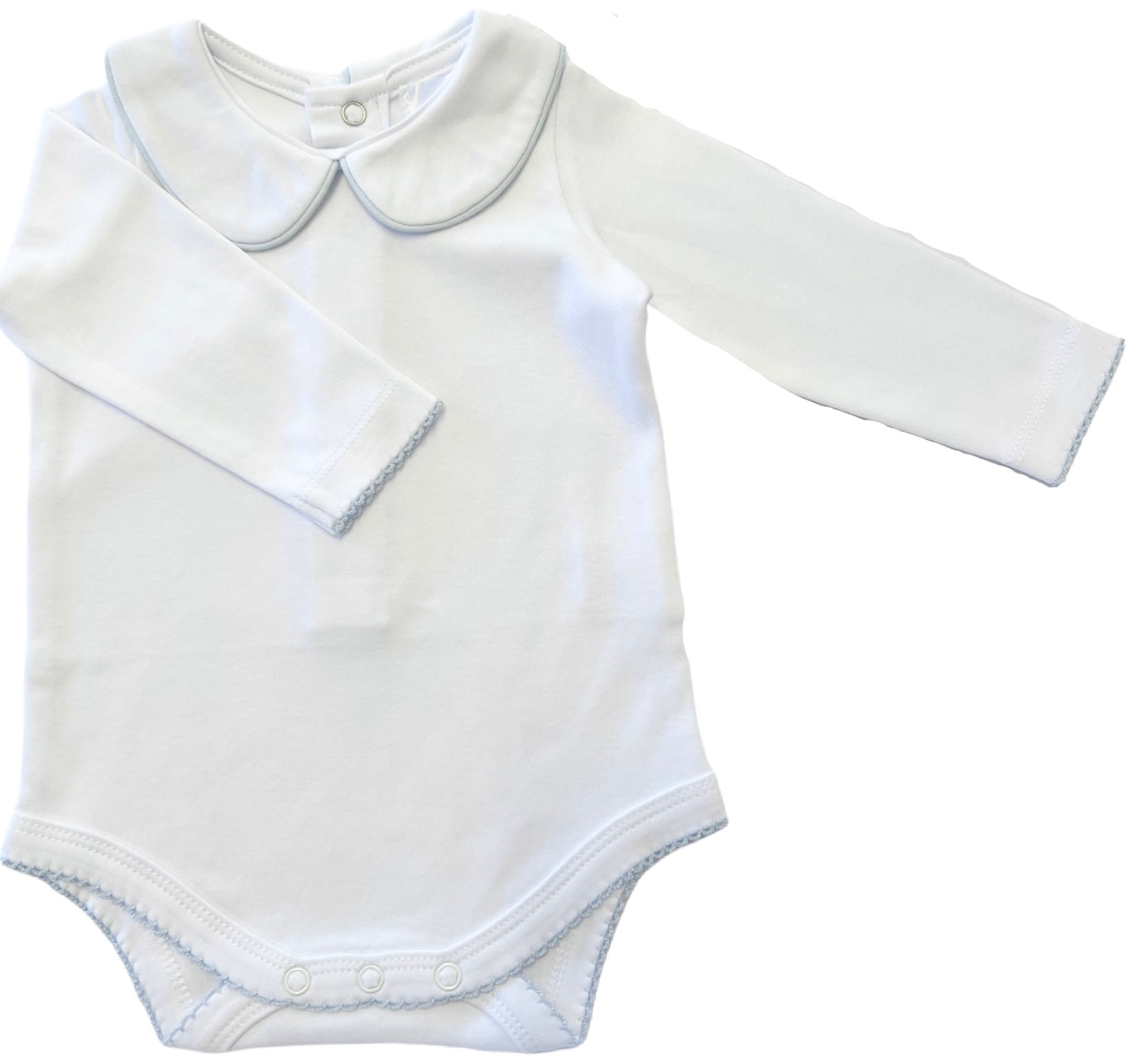 {Sutherby Boys} Signature Collared Bodysuit - White/Pale Blue Picot Trim