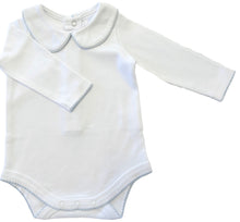Load image into Gallery viewer, The Collared Bodysuit - White/Pale Blue Picot Trim
