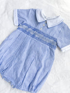 The Smocked Romper ~ Blue Flax Pinstripe Linen