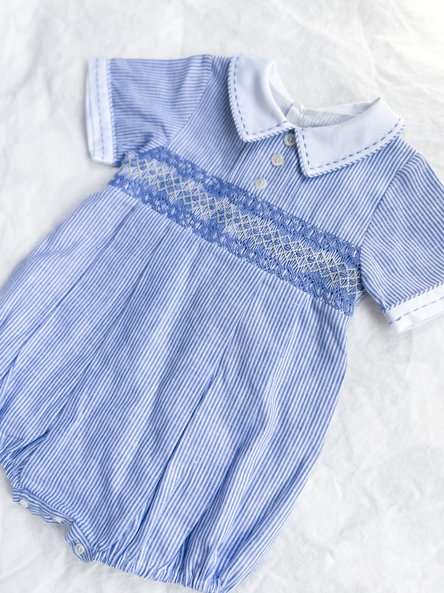 The Smocked Romper ~ Blue Flax Pinstripe Linen