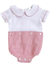 Load image into Gallery viewer, The Button-On Romper - White Linen/Red Stripe Seersucker

